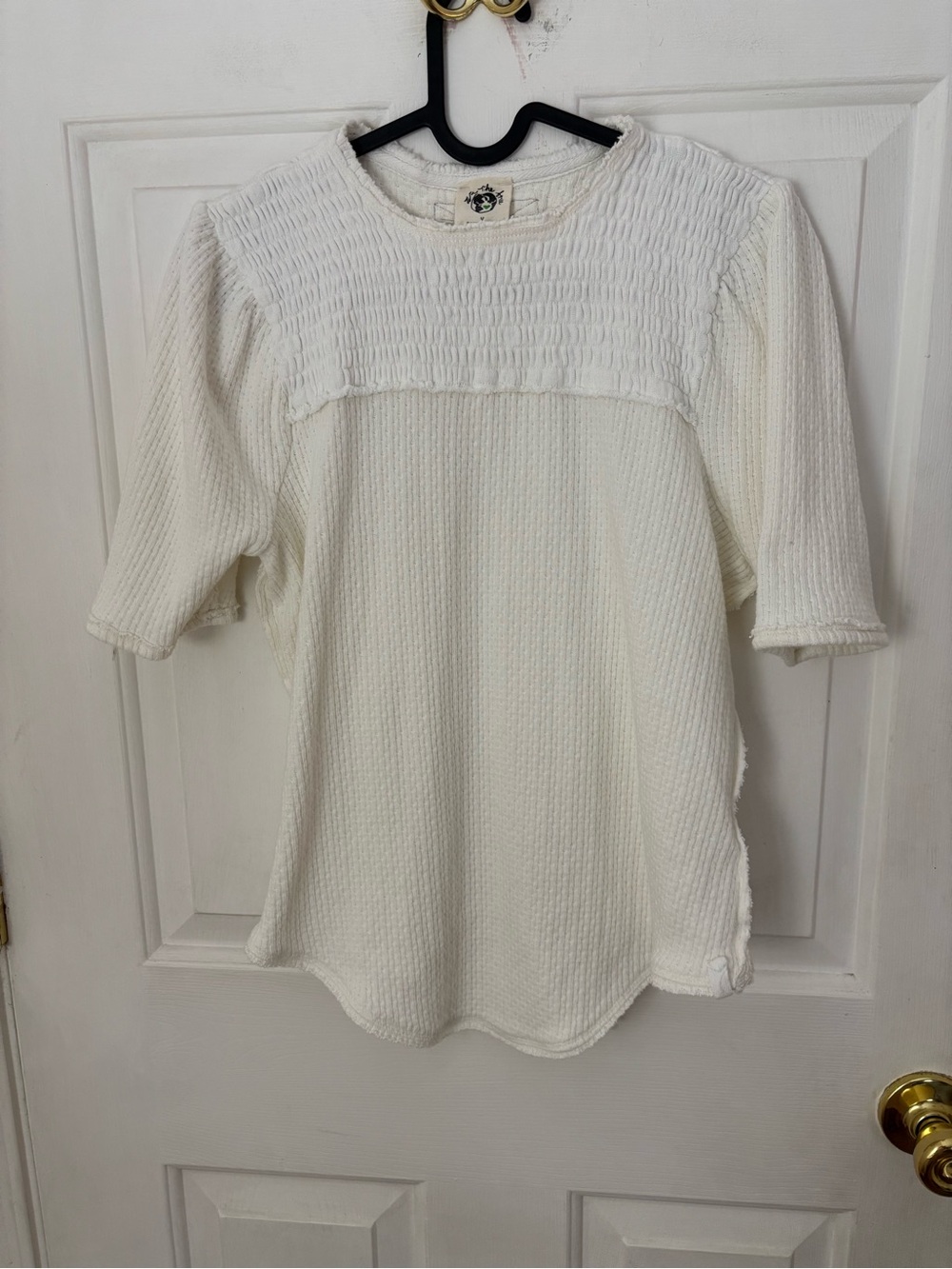 We The Free Cream Textured Smocked Yoke Short Sleeve Top